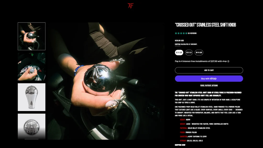 Kyoka Forge product page for a stainless steel shift knob