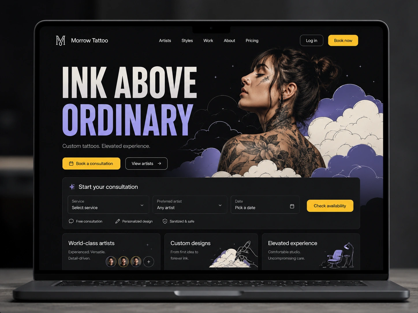 Morrow Tattoo front door website hero shown inside a laptop mockup with cloud-themed branding and consultation intake