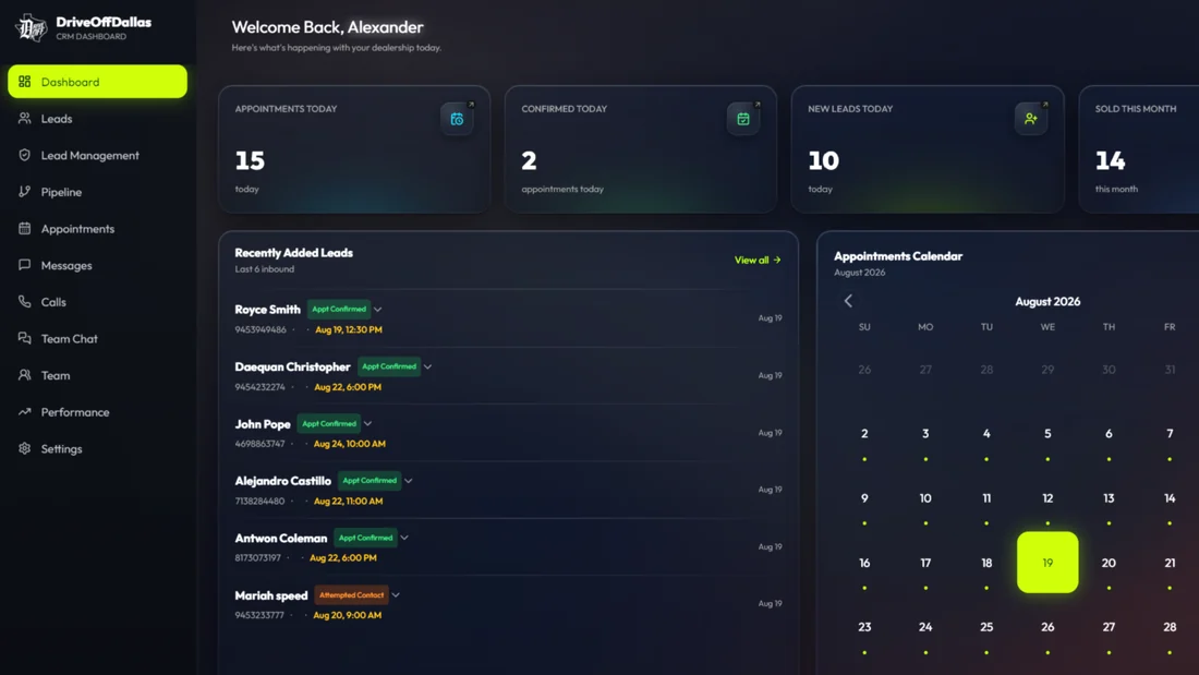 DriveOffDallas CRM dashboard showing today's appointments, new leads and the appointment calendar