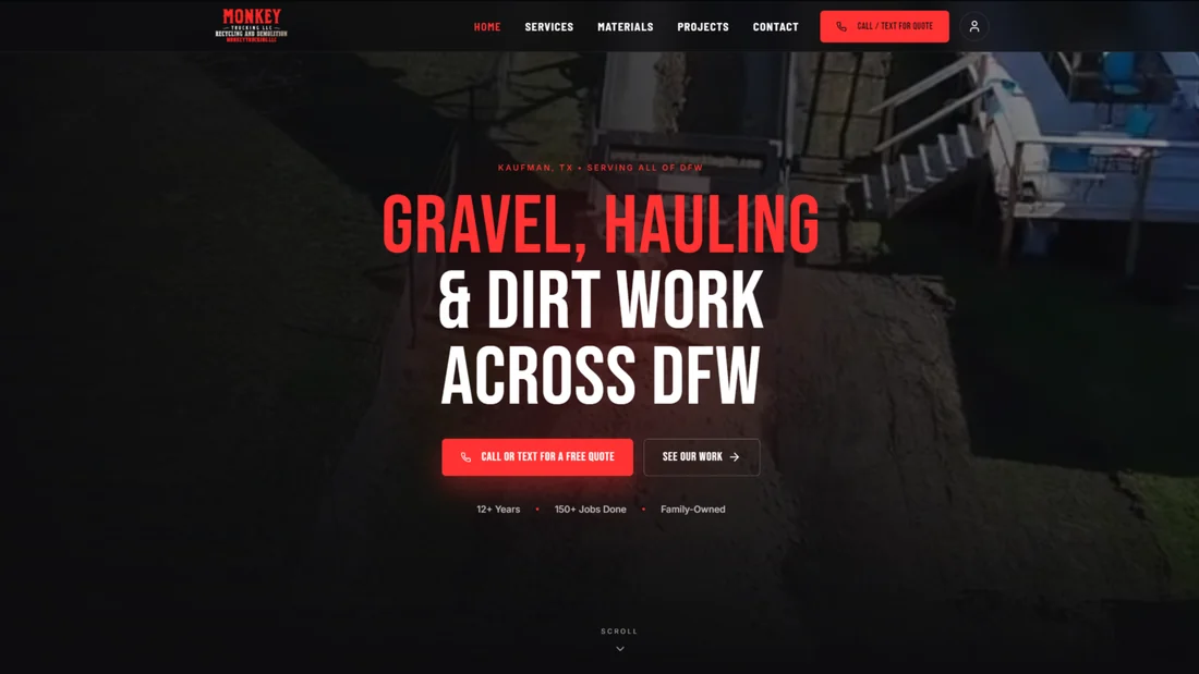 Monkey Trucking website homepage for gravel, hauling and dirt work across DFW